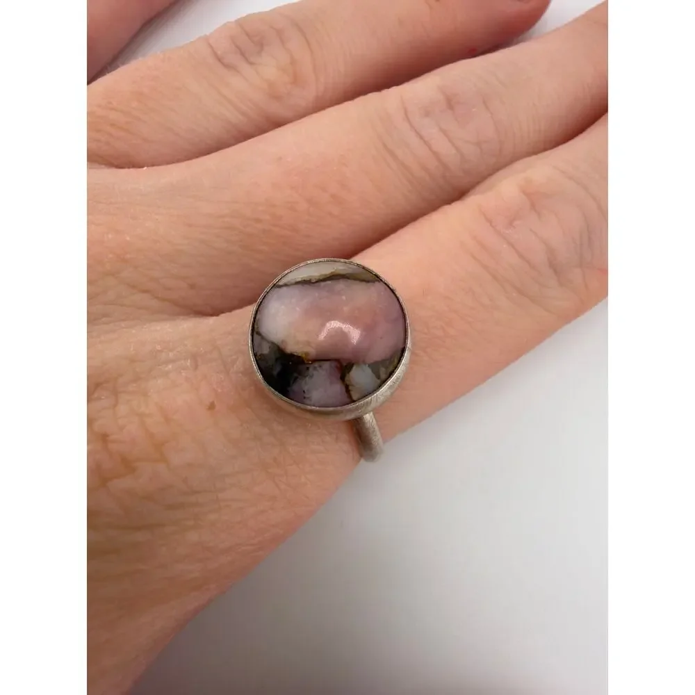 Peruvian Pink Opal & Bronze Turquoise 925 Sterling Silver Statement Ring Size 7